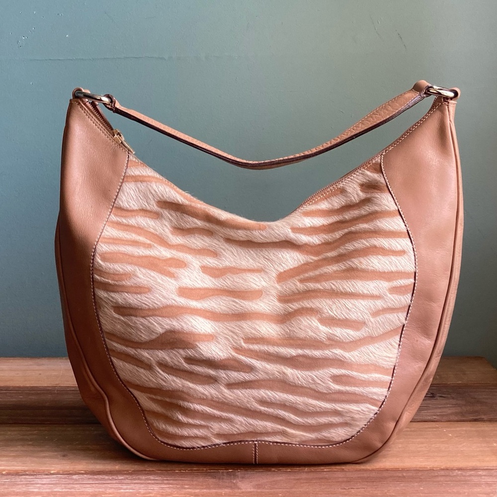 Leather Hobo Shoulder Bag in Tan with Cream Zebra Pattern